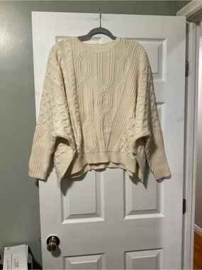 Anthropologie Cream Cable-Knit Scoop Neck Sweater